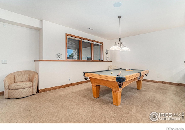 rec room featuring carpet floors, billiards, visible vents, and baseboards