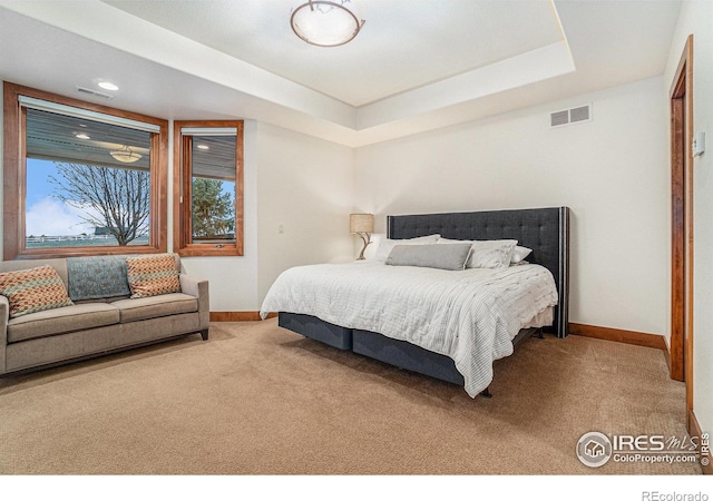 carpeted bedroom featuring a tray ceiling, visible vents, and baseboards