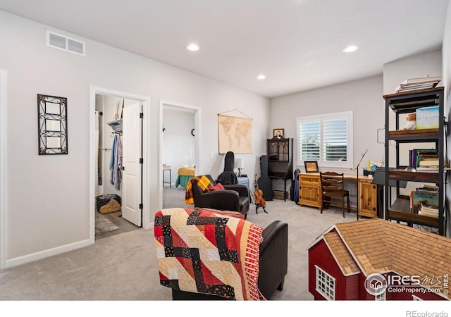 home office featuring recessed lighting, visible vents, light carpet, and baseboards