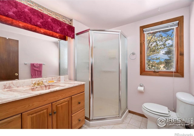 bathroom with toilet, a stall shower, tile patterned floors, and vanity