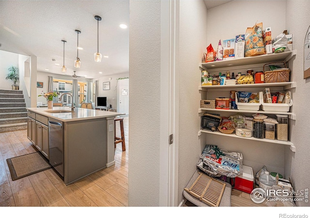 interior space featuring light wood finished floors, dishwasher, open floor plan, light countertops, and a sink