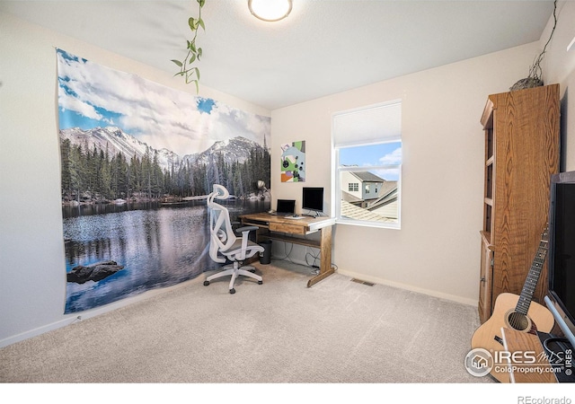 carpeted office space featuring visible vents and baseboards