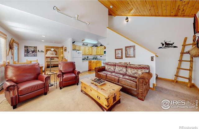 living area featuring wood ceiling, light colored carpet, and baseboards