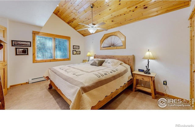 bedroom featuring lofted ceiling, a baseboard heating unit, light carpet, wooden ceiling, and baseboards