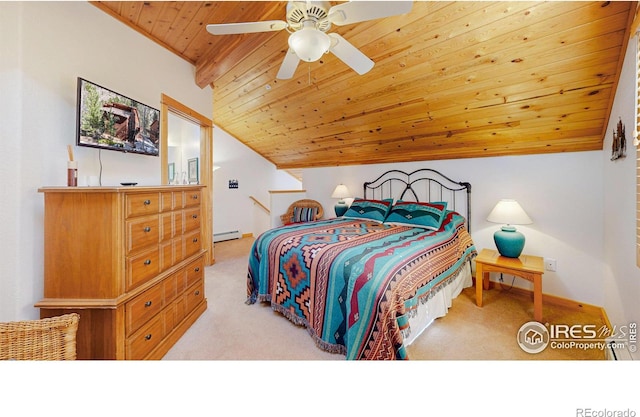 bedroom featuring wood ceiling, ceiling fan, carpet, vaulted ceiling, and baseboard heating