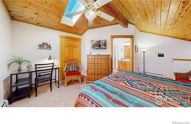 bedroom featuring vaulted ceiling with skylight, wood ceiling, light carpet, and baseboard heating