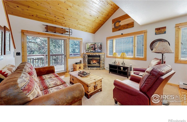 carpeted living area with wooden ceiling, a fireplace, a baseboard heating unit, and vaulted ceiling