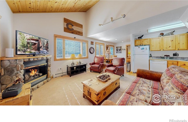 living area featuring light colored carpet, baseboard heating, a stone fireplace, high vaulted ceiling, and wooden ceiling