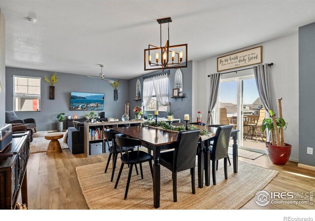 dining space with a healthy amount of sunlight, an inviting chandelier, and wood finished floors