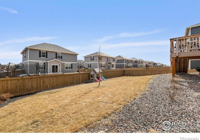 view of yard with a fenced backyard and a residential view