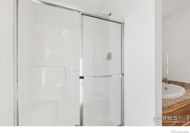 bathroom featuring a sink and a shower stall