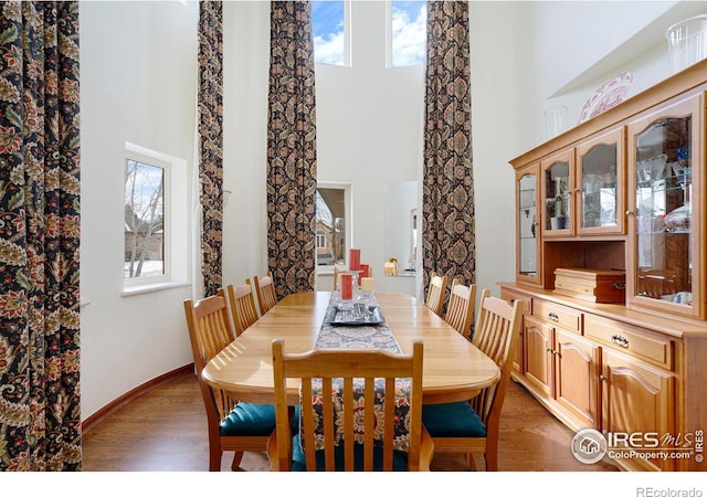 dining area featuring light wood-style floors, a high ceiling, baseboards, and a wealth of natural light