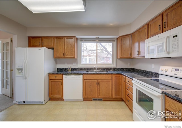 kitchen with brown cabinets, visible vents, a sink, dark stone countertops, and white appliances