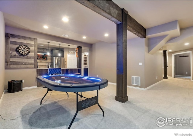 rec room with baseboards, carpet flooring, visible vents, and recessed lighting