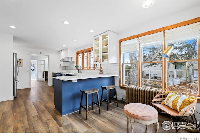 kitchen featuring dark wood finished floors, backsplash, radiator heating unit, glass insert cabinets, and white cabinetry