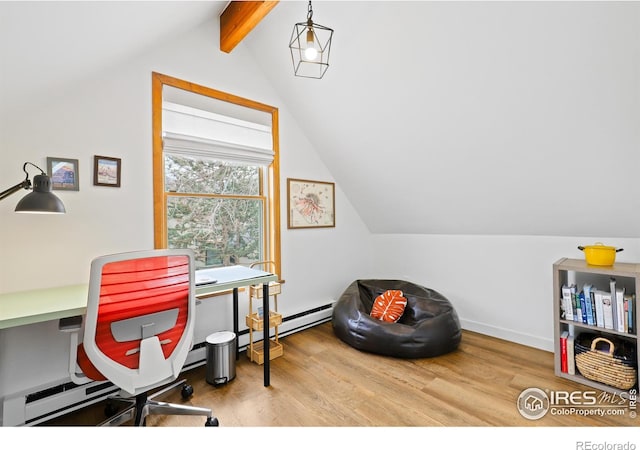 office with vaulted ceiling with beams, a baseboard heating unit, and wood finished floors