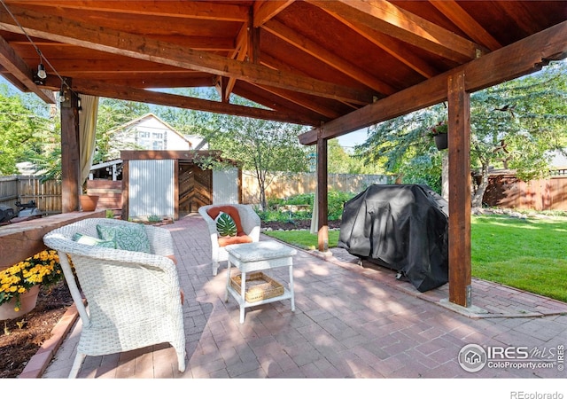 view of patio featuring outdoor lounge area, a fenced backyard, grilling area, and an outdoor structure