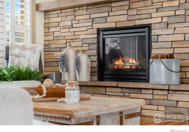 interior details featuring a fireplace