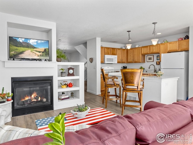 living room with light wood-type flooring and a glass covered fireplace