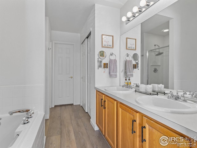 bathroom featuring a garden tub, a sink, a shower stall, and double vanity