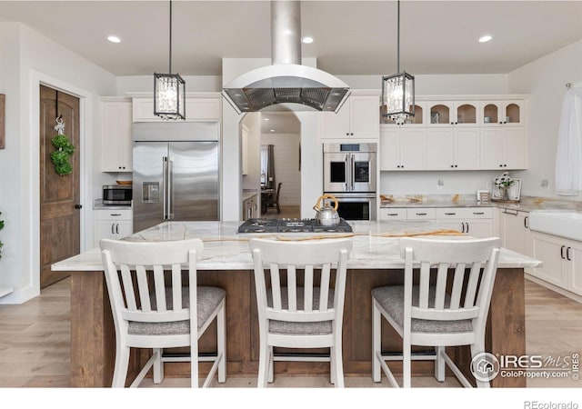 kitchen with glass insert cabinets, white cabinetry, island exhaust hood, light wood finished floors, and stainless steel appliances