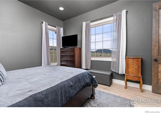 bedroom with baseboards and wood finished floors