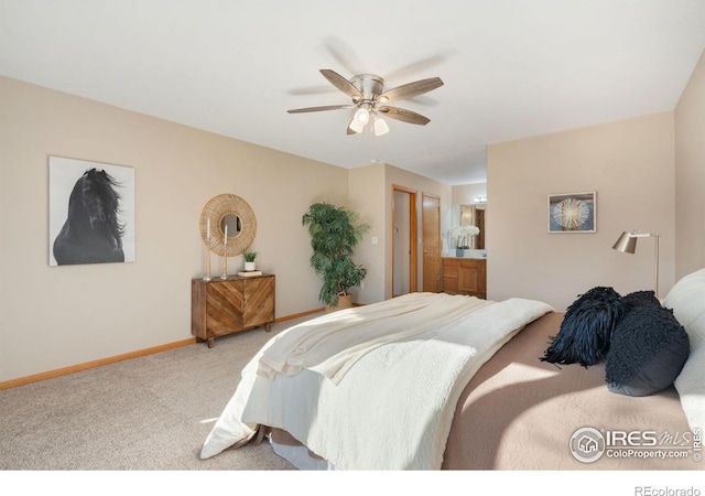 bedroom featuring a ceiling fan, carpet, connected bathroom, and baseboards