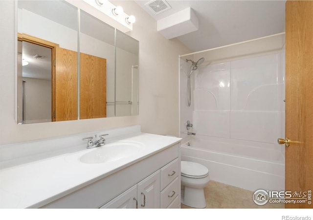 bathroom with toilet, shower / tub combination, visible vents, and vanity