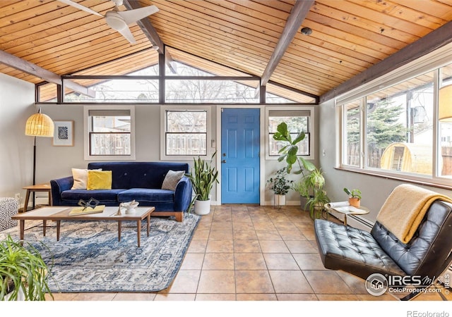 living area with a ceiling fan, wood ceiling, lofted ceiling with beams, and tile patterned floors