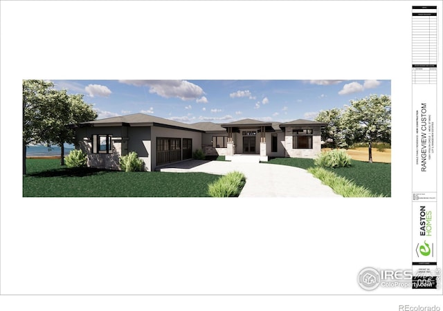 view of front of house featuring driveway, a front lawn, and stucco siding