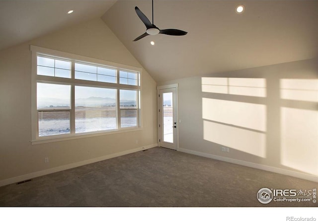 spare room with baseboards, a ceiling fan, carpet, high vaulted ceiling, and recessed lighting