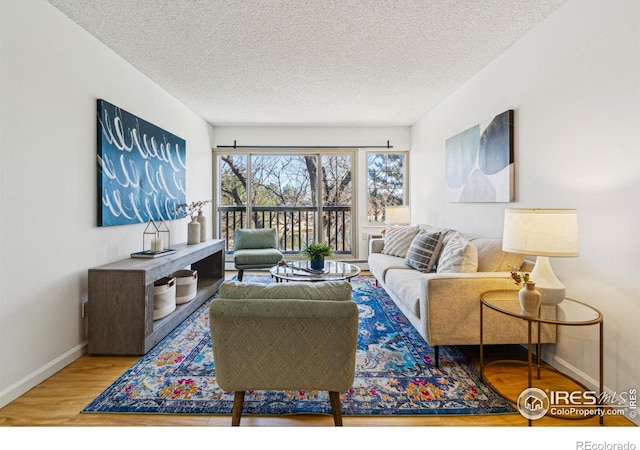 living room featuring a textured ceiling, baseboards, and wood finished floors