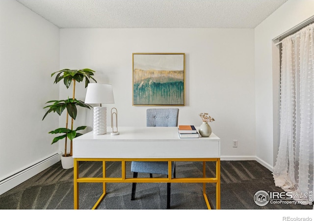 carpeted office space featuring a baseboard radiator, a textured ceiling, and baseboards