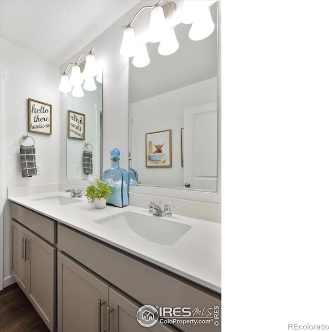 full bathroom featuring double vanity, a sink, and wood finished floors