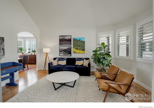 living area with arched walkways, vaulted ceiling, wood finished floors, and baseboards