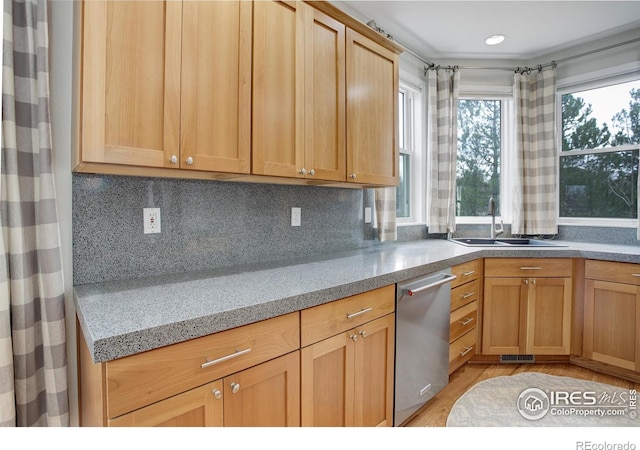 kitchen with visible vents, decorative backsplash, a sink, light stone countertops, and dishwasher