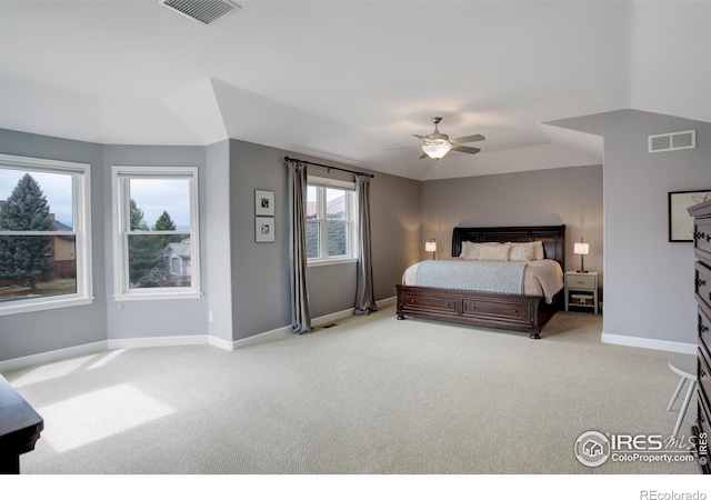 bedroom with carpet, visible vents, ceiling fan, and baseboards