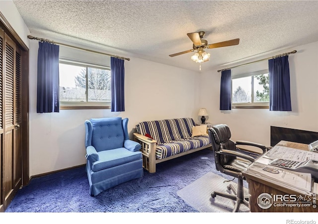 office area with carpet flooring, ceiling fan, and a textured ceiling