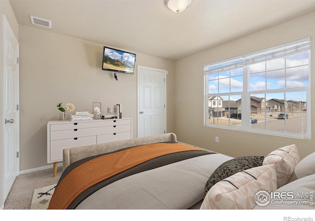 bedroom with carpet flooring, baseboards, and visible vents