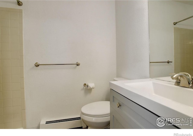 full bathroom with walk in shower, a baseboard radiator, vanity, and toilet