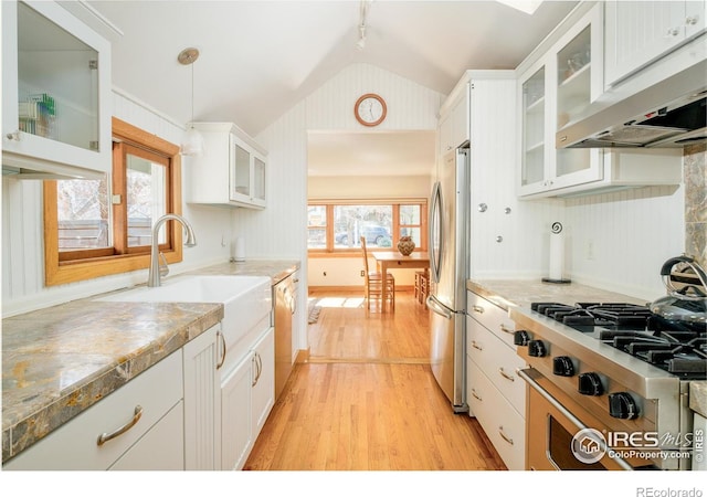 kitchen featuring lofted ceiling, under cabinet range hood, stainless steel appliances, light wood-type flooring, and plenty of natural light