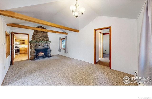 unfurnished living room with lofted ceiling with beams, carpet floors, a notable chandelier, and a stone fireplace