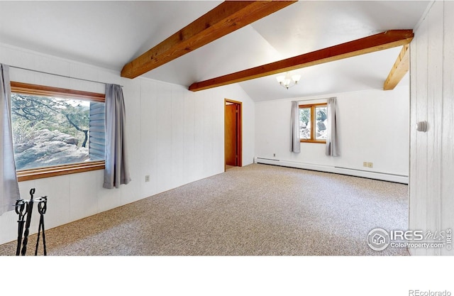 carpeted empty room with lofted ceiling with beams, baseboard heating, and a chandelier