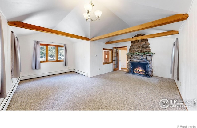 unfurnished living room featuring lofted ceiling with beams, carpet, a fireplace, and a baseboard radiator