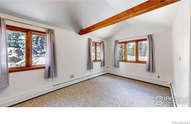 carpeted empty room featuring vaulted ceiling with beams