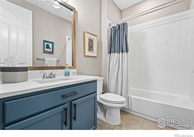 full bathroom with vanity, tile patterned flooring, toilet, and shower / bathtub combination with curtain