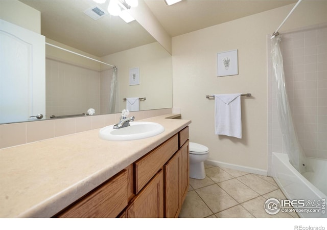 full bath featuring tile patterned flooring, toilet, shower / tub combo, vanity, and visible vents