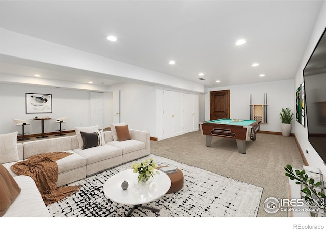 rec room featuring recessed lighting, pool table, baseboards, and carpet