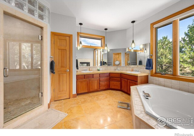 bathroom with a bath, a stall shower, double vanity, and a sink