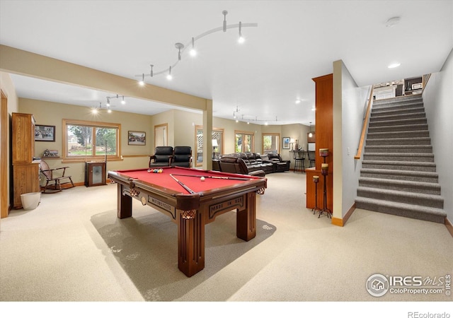 39658 Ridge Park Dr, Severance, CO 80610 - playroom featuring rail lighting, light carpet, and pool table